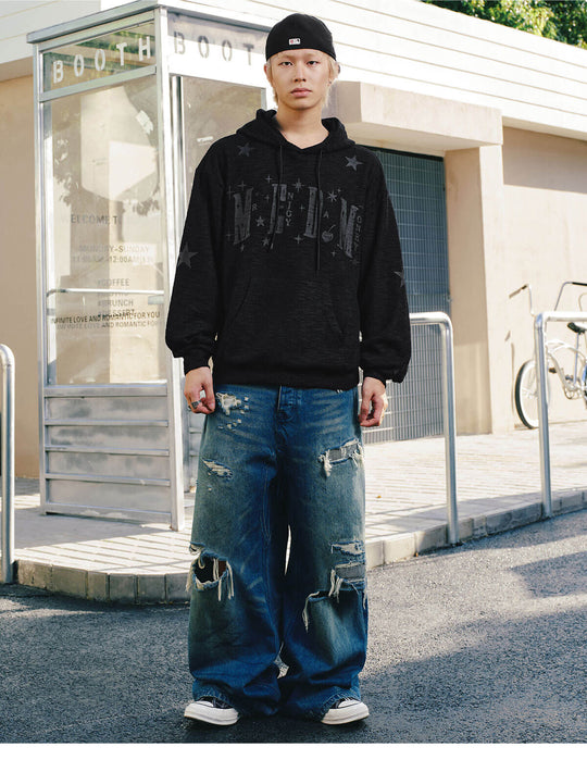 MEDM Star Logo Print Waffle Knit Hoodie | Face 3 Face