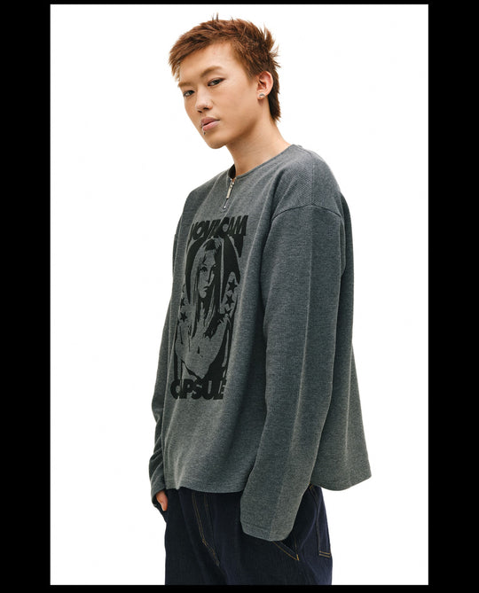 NOVACAM Waffle Vintage Print Zip Long Sleeve Tee | Face 3 Face