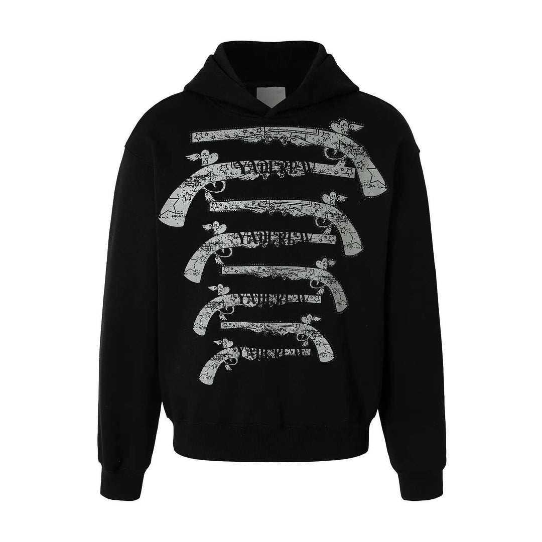 YADcrew Heart Pistol Print Rhinestone Embellished Hoodie | Face 3 Face