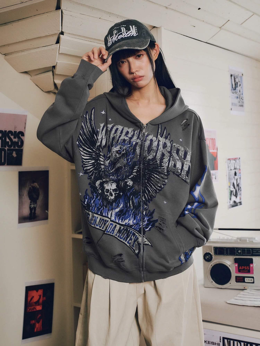 MEDM Skeleton Angel Graphic Print Distressed Zip Up Hoodie