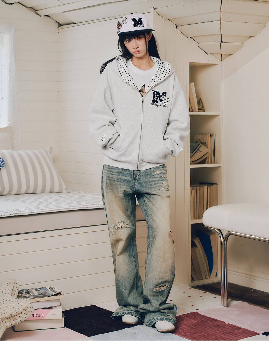 MEDM Polka Dot Hood Lining Heart Logo Zip Up Hoodie | Face 3 Face