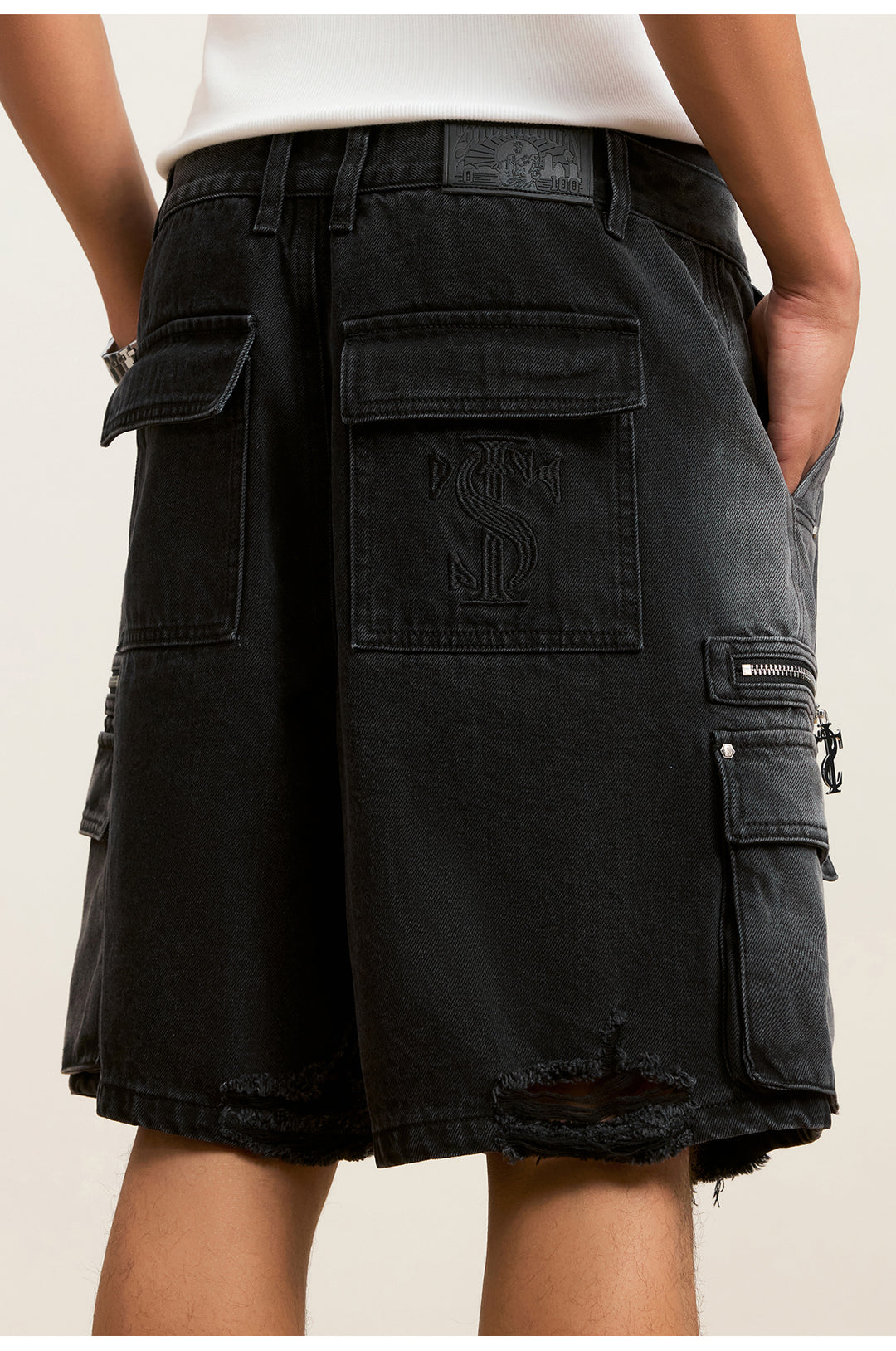 Small Town Kid Rivets Washed Denim Utility Cargo Shorts | Face 3 Face