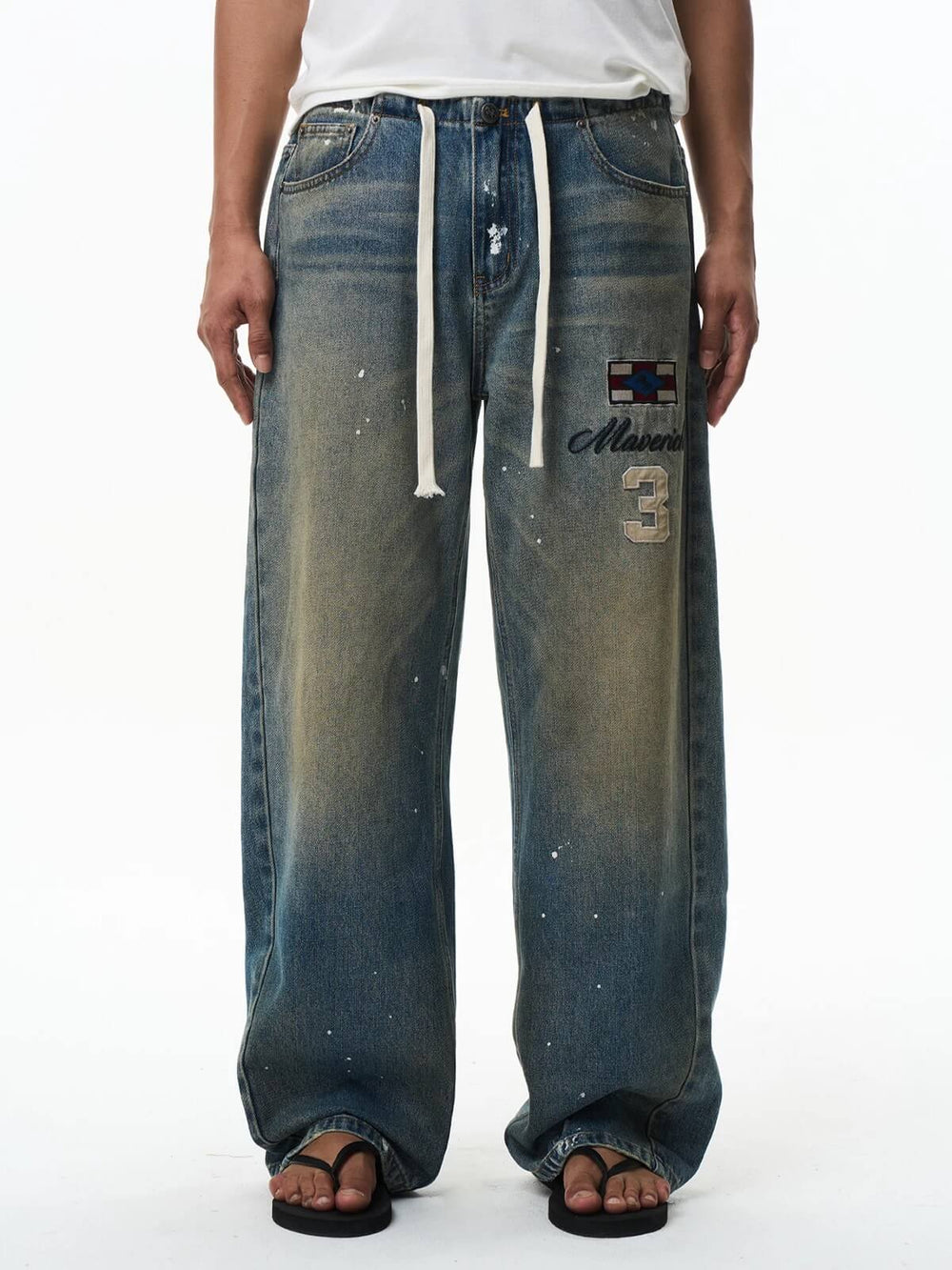 EXITMODE BY BLIND NO PLAN Washed Patch Embroidered Drawstring Baggy Jeans | Face 3 Face