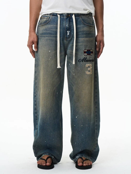 EXITMODE BY BLIND NO PLAN Washed Patch Embroidered Drawstring Baggy Jeans | Face 3 Face