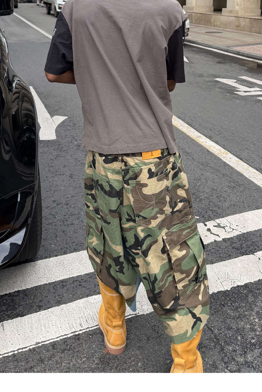 STEEPC M65 Camouflage Denim Rework Patchwork Baggy Cargo Shorts | Face 3 Face