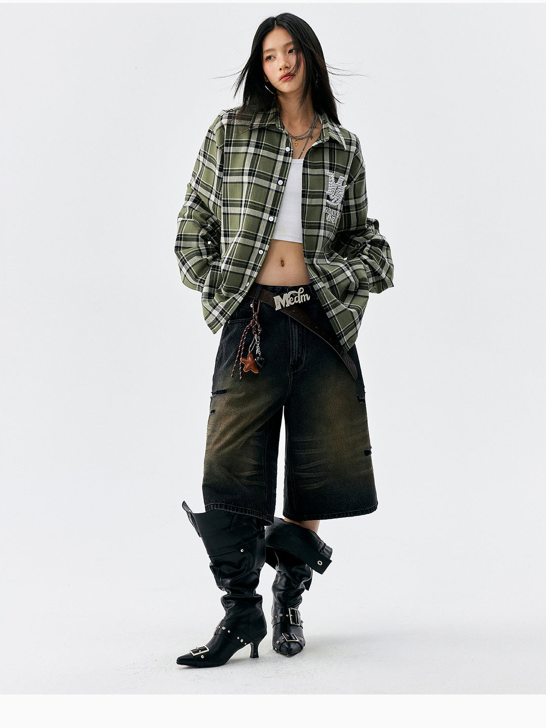 MEDM Green Pearl Embroidery Plaid Long Sleeve Shirt | Face 3 Face