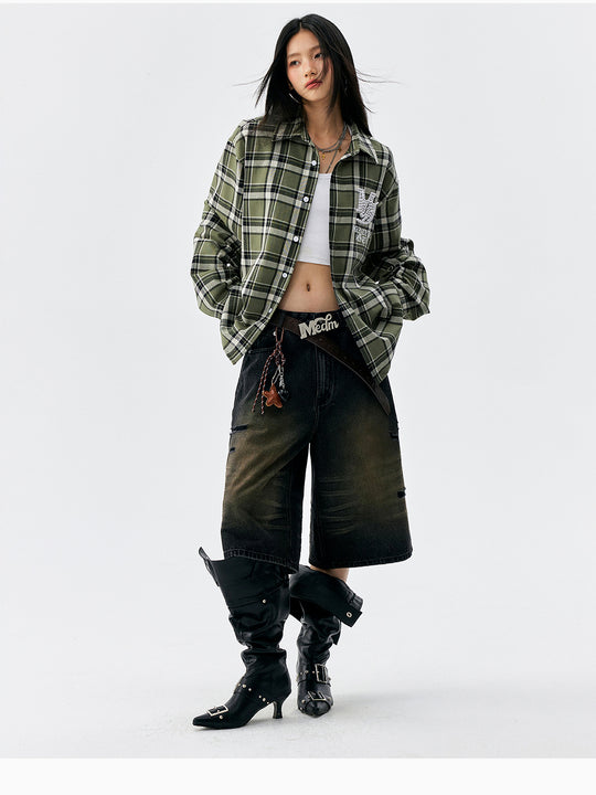 MEDM Green Pearl Embroidery Plaid Long Sleeve Shirt | Face 3 Face