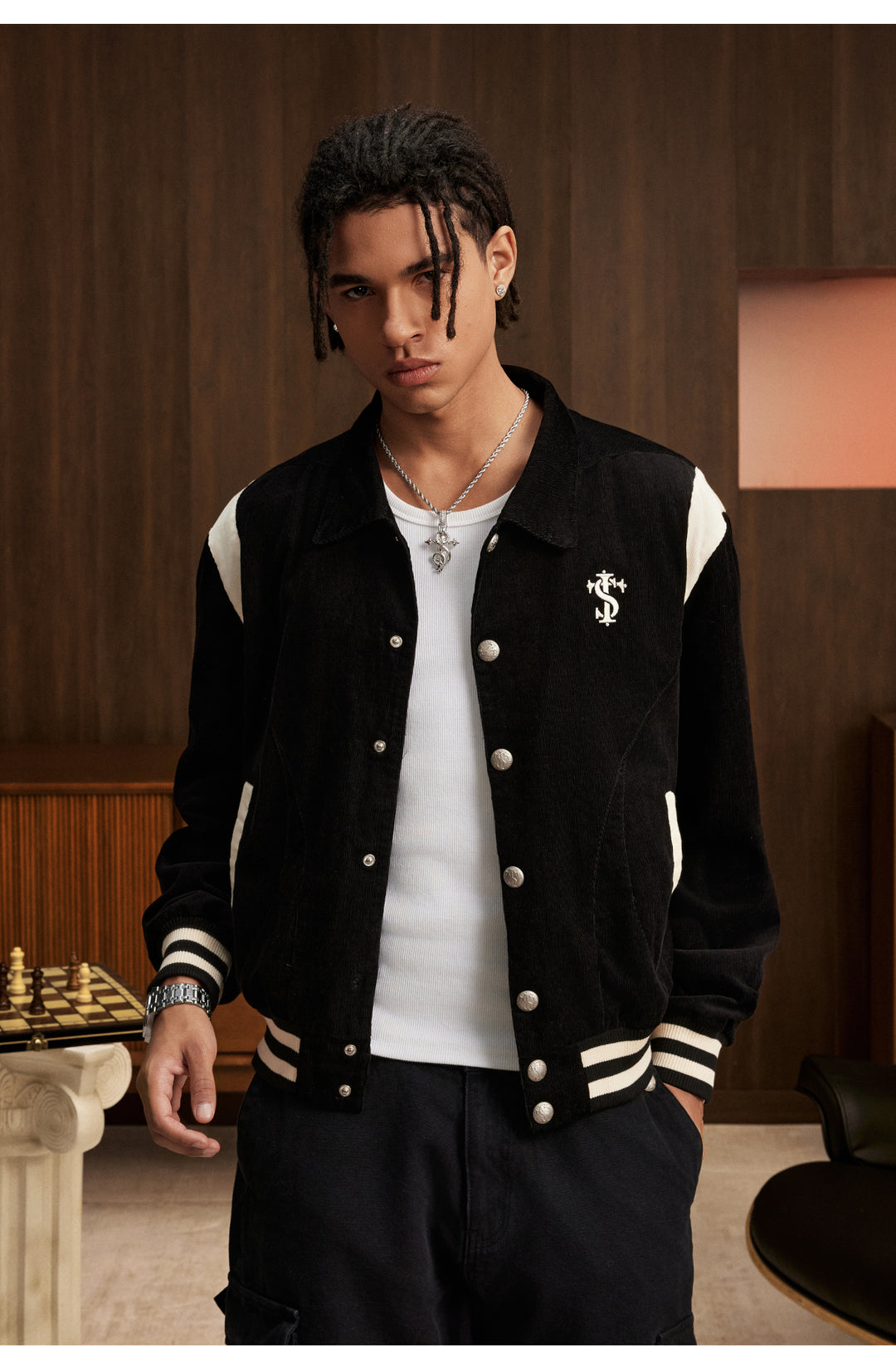 Small Town Kid Rivet Cross stitching Patch Corduroy Varsity Jacket | Face 3 Face