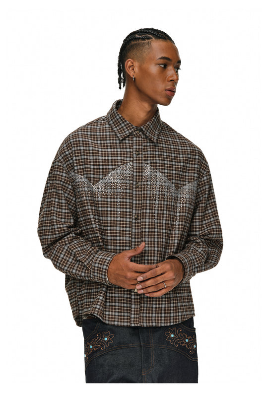 ANTIDOTE Rhinestone Flannel Plaid Long Sleeve Shirt | Face 3 Face