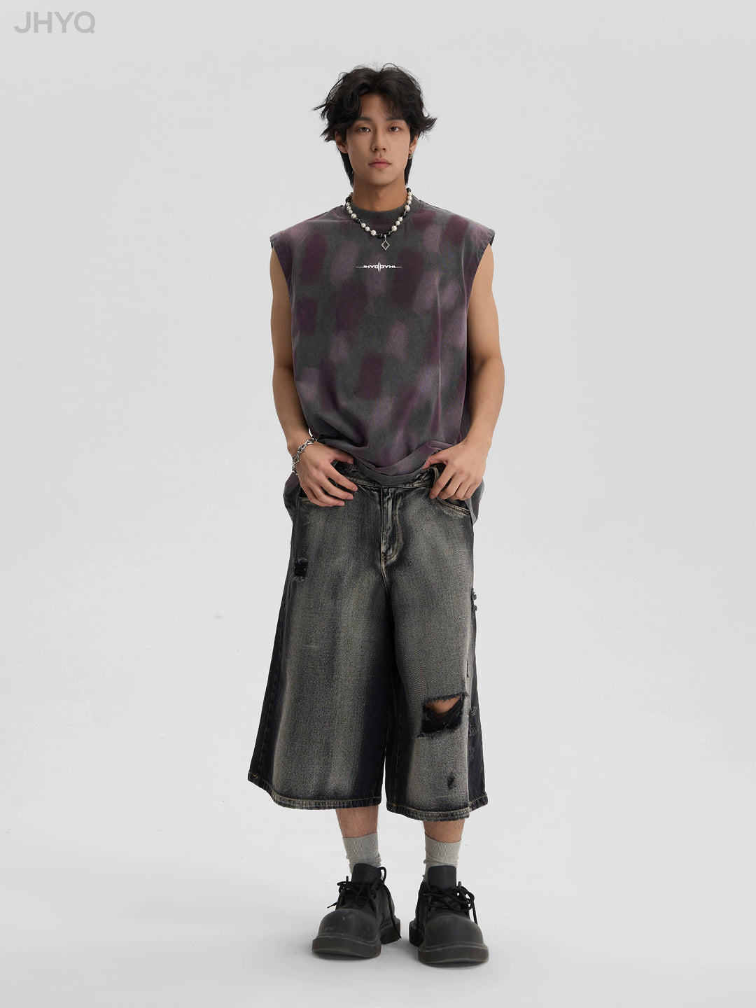 JHYQ Washed Old Worn Spots Dye Sleeveless Tee