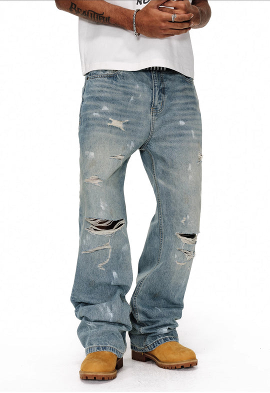 ANTIDOTE Washed Ripped Holes Light Blue Flared Jeans | Face 3 Face