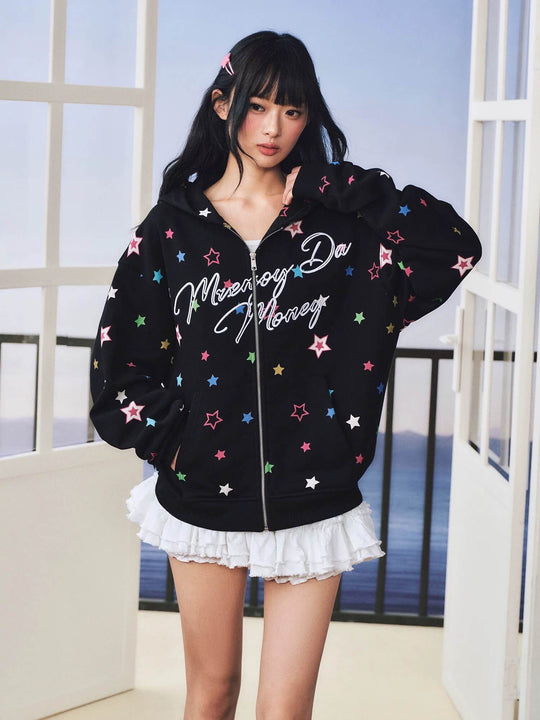MEDM All Over Colorful Star Print Zip Up Hoodie | Face 3 Face