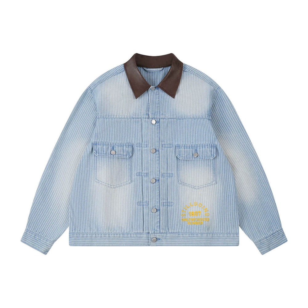 1807 Chain Stitch Embroidered Striped Washed Denim Jacket | Face 3 Face