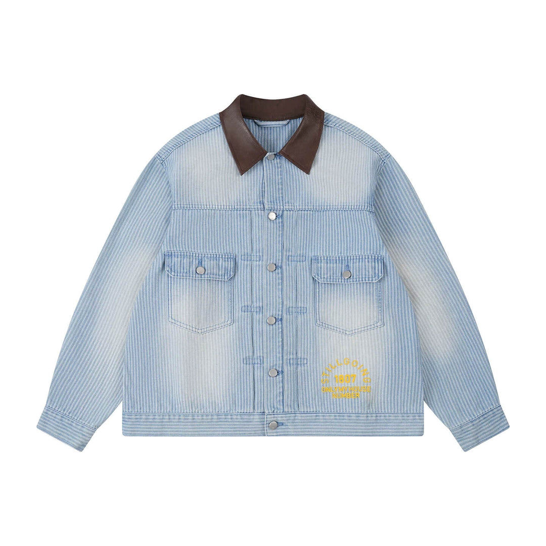 1807 Chain Stitch Embroidered Striped Washed Denim Jacket | Face 3 Face