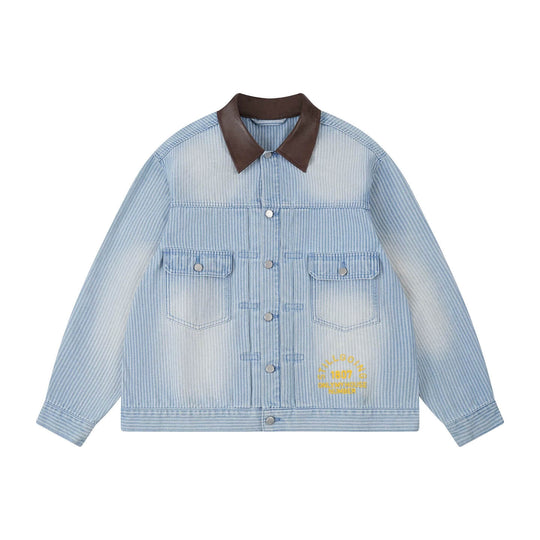 1807 Chain Stitch Embroidered Striped Washed Denim Jacket | Face 3 Face