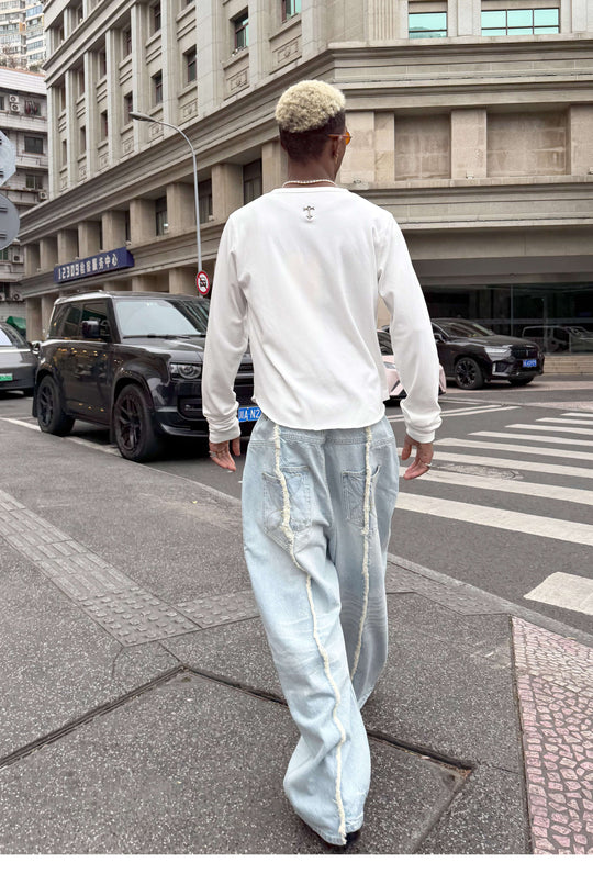 STEEPC Ice Blue Washed Frayed Center Seam Baggy Jeans | Face 3 Face
