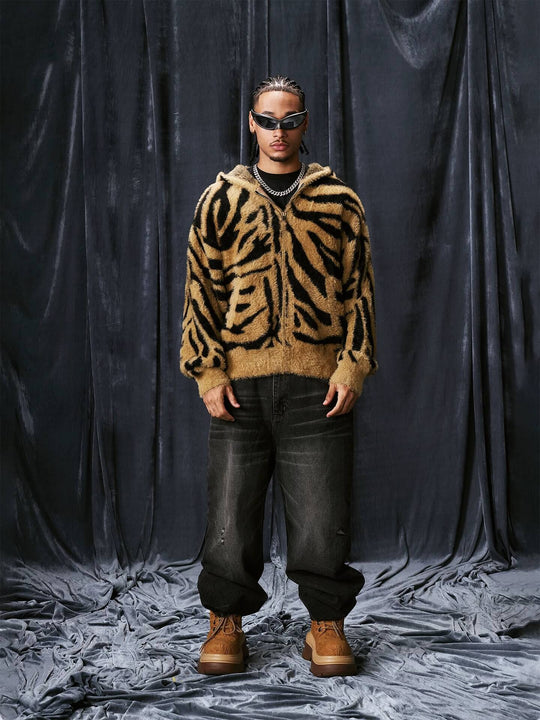 1807 Tiger Striped Faux Mink Fur Knit Zip Up Hoodie | Face 3 Face