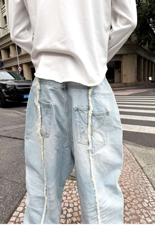 STEEPC Ice Blue Washed Frayed Center Seam Baggy Jeans | Face 3 Face