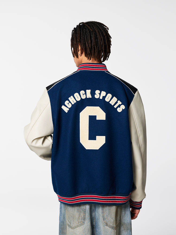 Racer varsity jacket | Achock College Embroidery Navy Blue Varsity Jacket | Face 3 Face