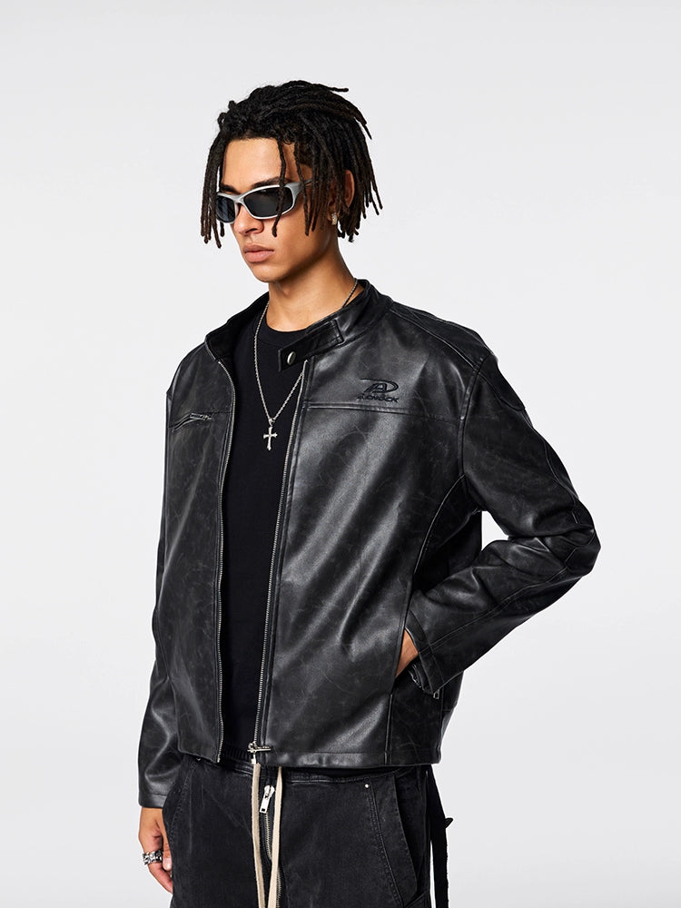 Achock Logo Embroidered Leather Short Motorcycle Jacket | Face 3 Face