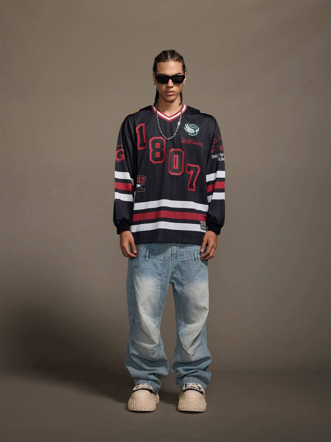 1807 Print Patch V Neck Mesh Long Sleeve Hockey Jersey | Face 3 Face