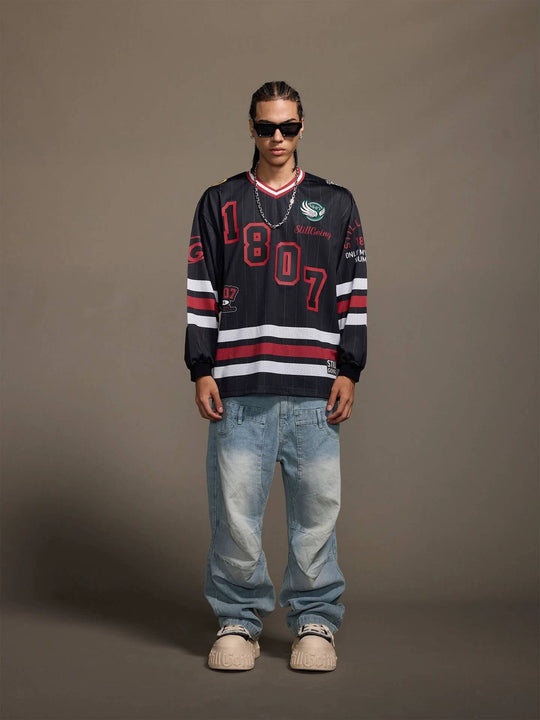 1807 Print Patch V Neck Mesh Long Sleeve Hockey Jersey | Face 3 Face