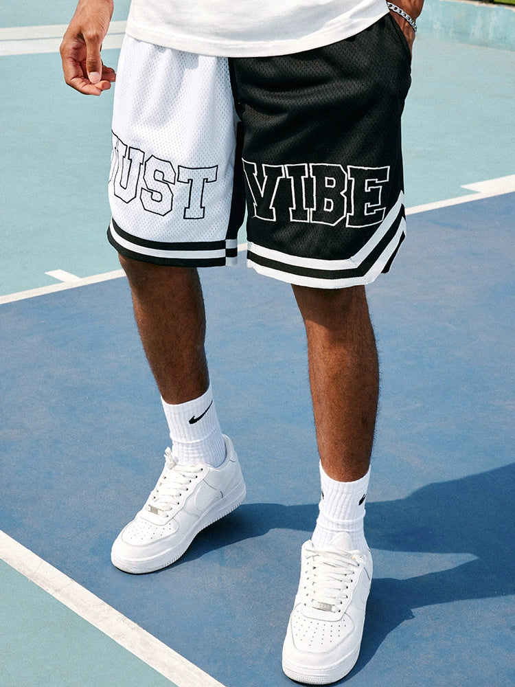 JUST VIBE Black White Asymmetric Mesh Basketball Shorts | Face 3 Face