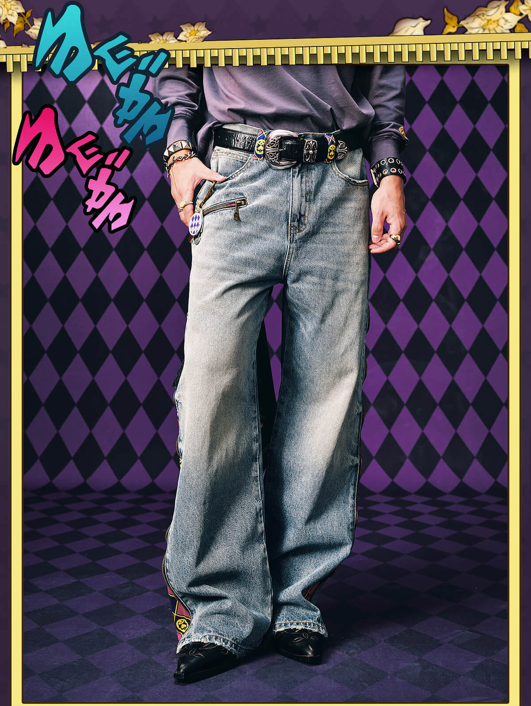 MEDM × JOJO Side Zipper Contrast Checkered Washed Jeans | Face 3 Face