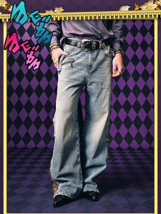 MEDM × JOJO Side Zipper Contrast Checkered Washed Jeans | Face 3 Face