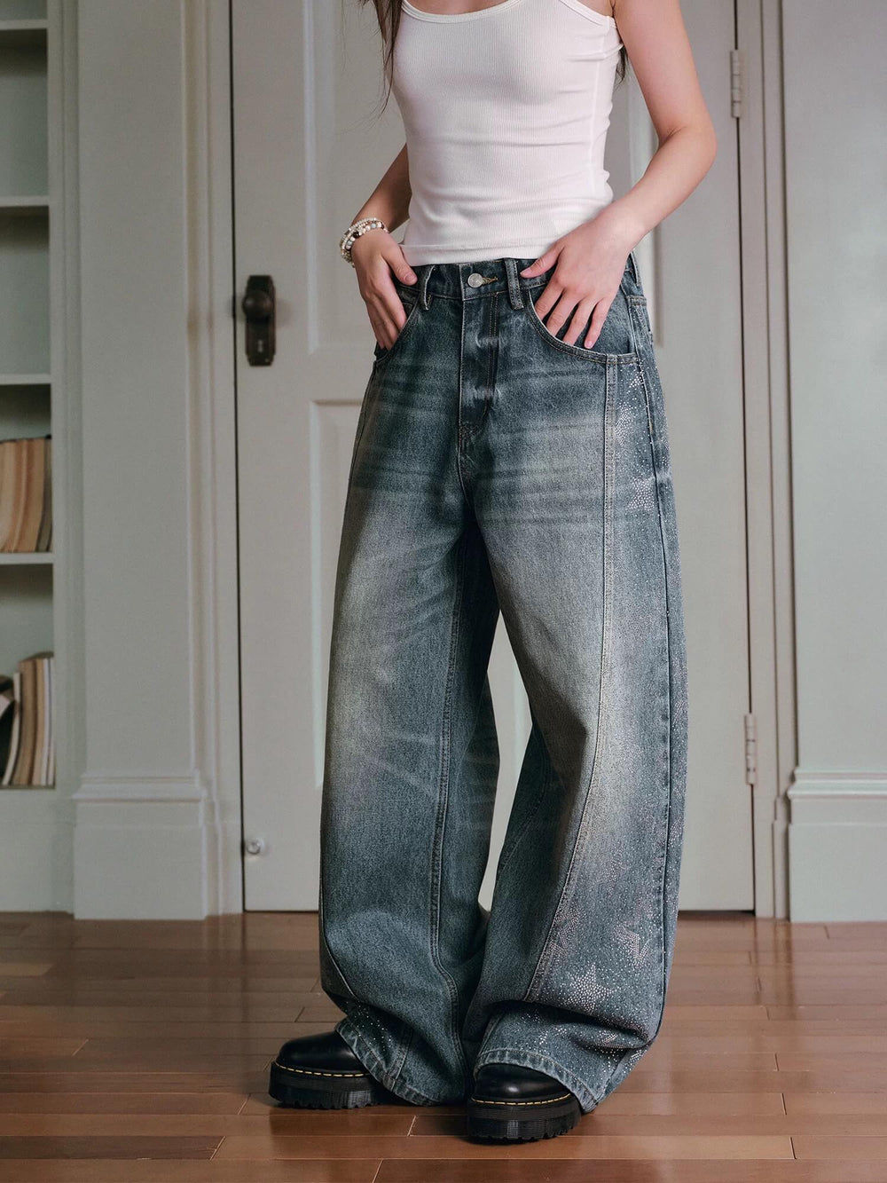 MEDM Rhinestone Star Washed Baggy Jeans | Face 3 Face
