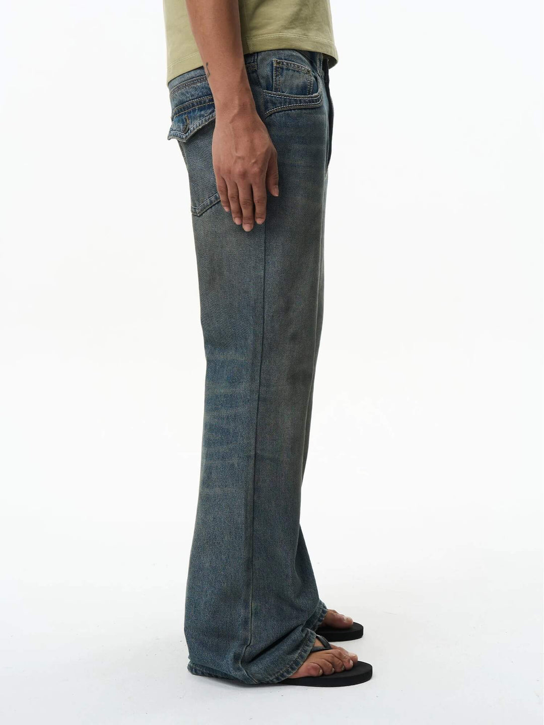 EXITMODE BY BLIND NO PLAN Washed Distressed Back Flap Pocket Flared Jeans | Face 3 Face