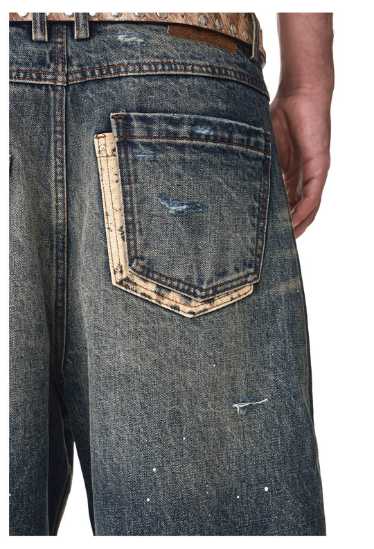 ANTIDOTE Distressed Leopard Patchwork Washed Jeans | Face 3 Face