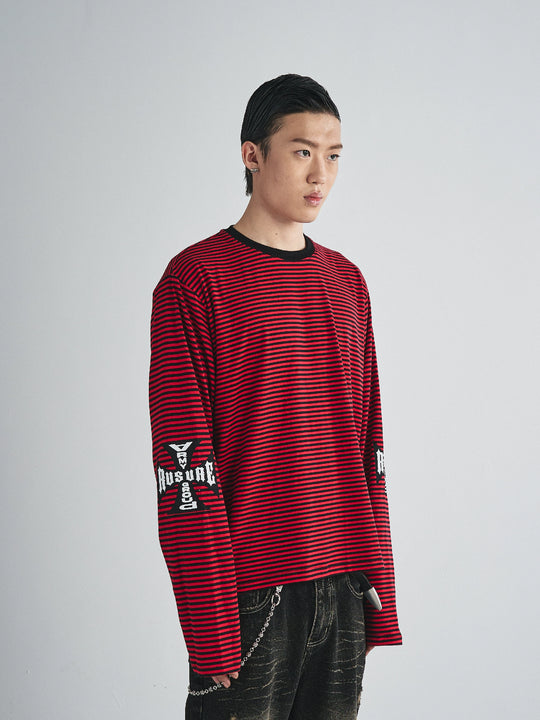 RUSURE Striped Cross Logo Print Long Sleeve Tee | Face 3 Face