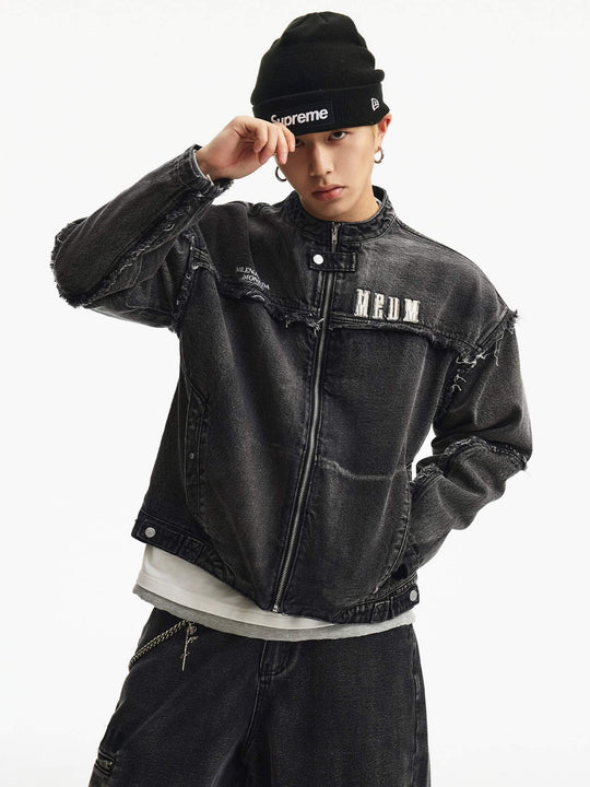 MEDM Washed Distressed Frayed Patchwork Denim Jacket | Face 3 Face