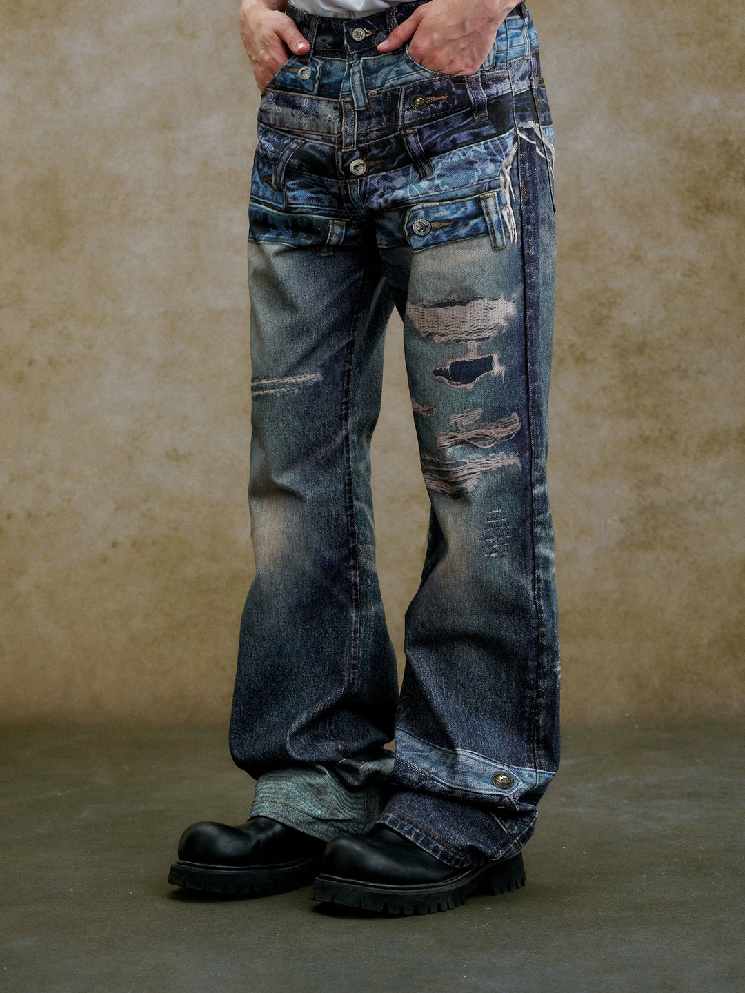 YADcrew Double Waistband Distressed Print Jeans | Face 3 Face