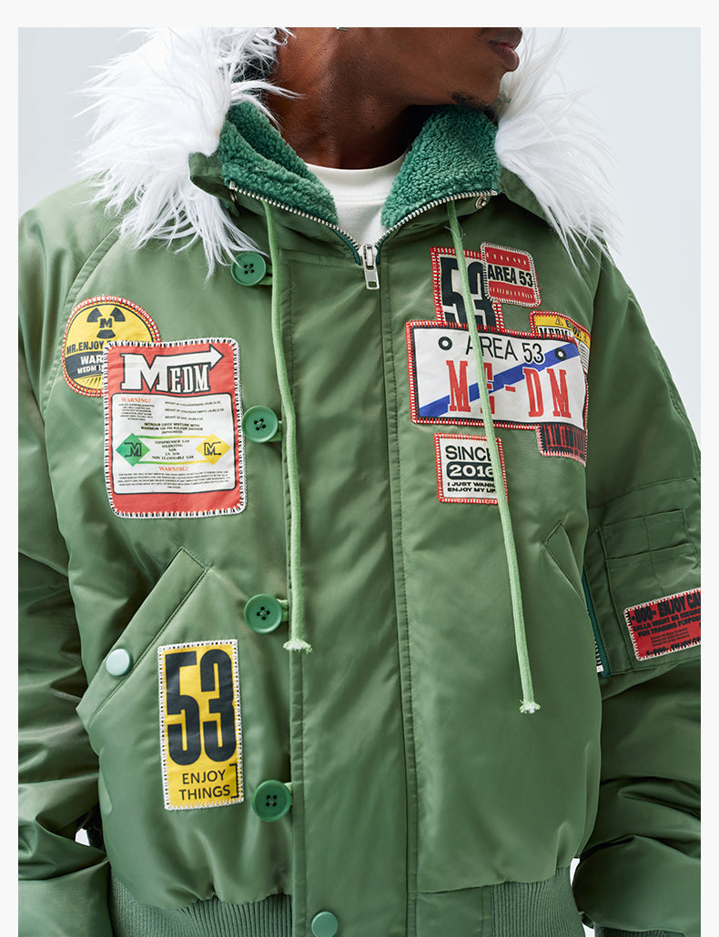 MEDM License Plate Patch Fur-Hooded MA-1 Bomber Jacket | Face 3 Face