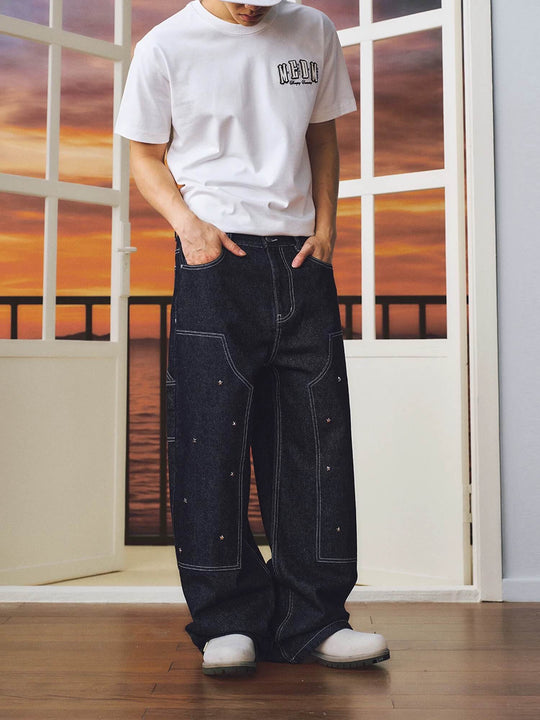 MEDM Star Studded Double Knee Baggy Jeans | Face 3 Face