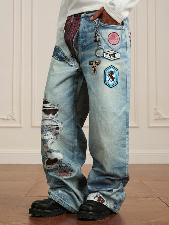 YADcrew 3D Digital Print Patch Embroidered Jeans | Face 3 Face
