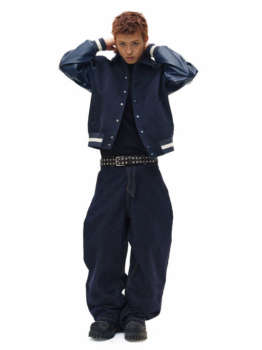 NOVACAM Navy Blue Short Basic Varsity Jacket | Face 3 Face