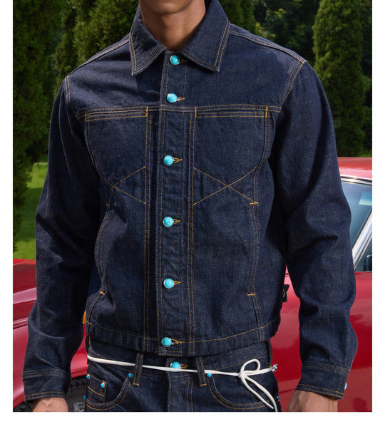 S45 Turquoise Button Denim Jacket | Face 3 Face