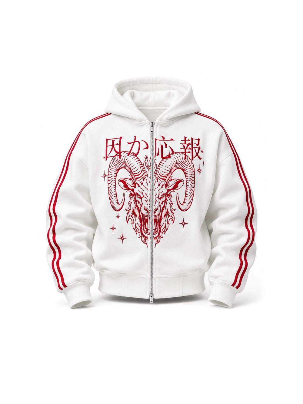 KARMANISTIC Sheep Head Embroidered Stripe Sleeve Zip Up Hoodie | Face 3 Face