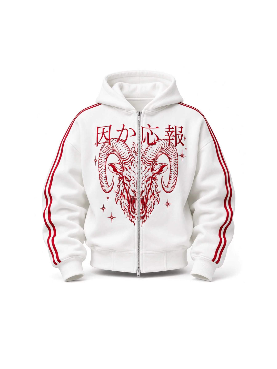 KARMANISTIC Sheep Head Embroidered Stripe Sleeve Zip Up Hoodie | Face 3 Face