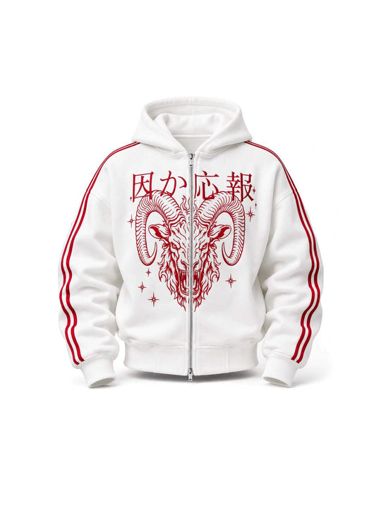 KARMANISTIC Sheep Head Embroidered Stripe Sleeve Zip Up Hoodie | Face 3 Face