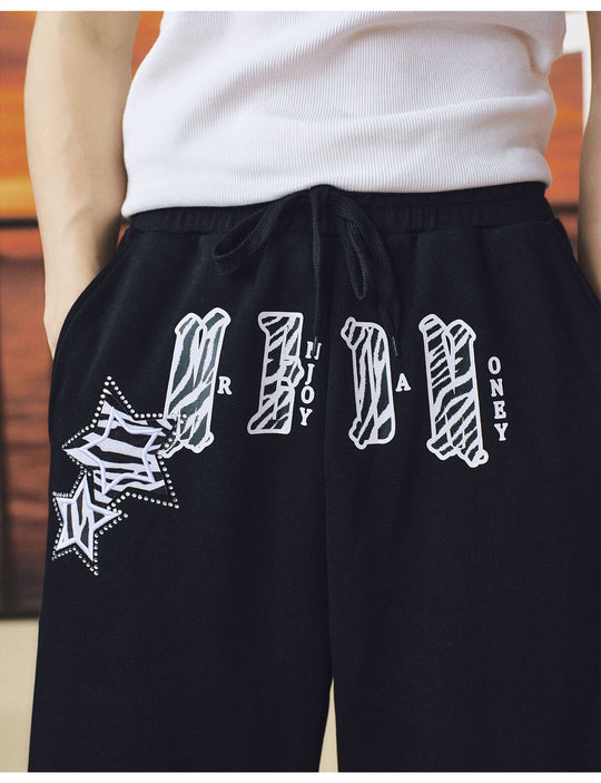 MEDM Animal Print Star Patch Rhinestone Curved Baggy Sweatpants | Face 3 Face