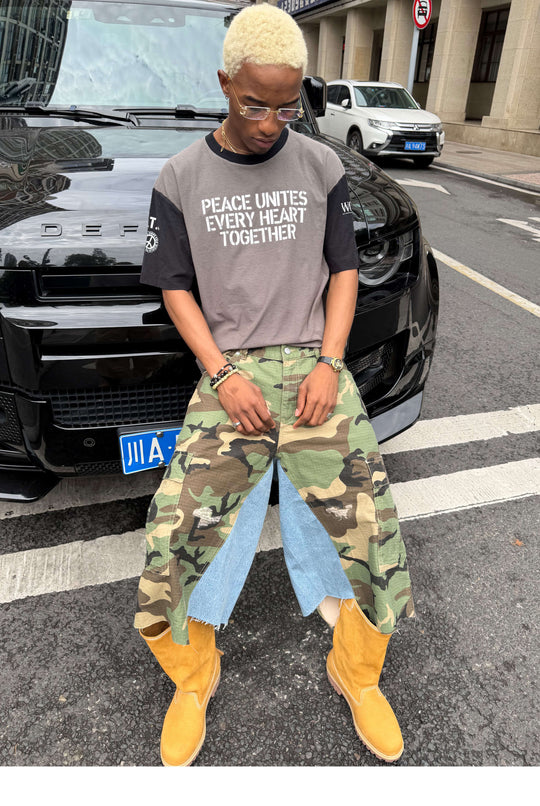 STEEPC M65 Camouflage Denim Rework Patchwork Baggy Cargo Shorts | Face 3 Face