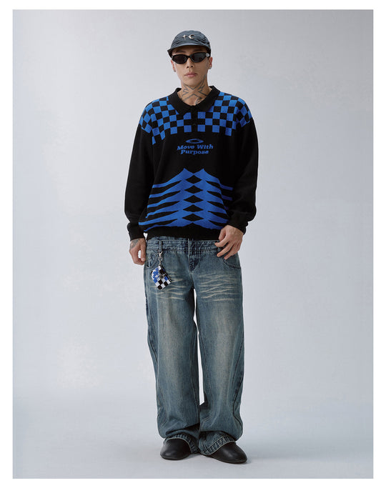 F2CE Checkerboard Pattern Polo Knit Sweater | Face 3 Face
