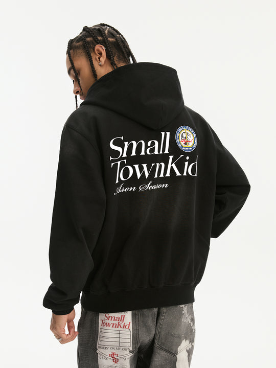 Small Town Kid Washed Badge Letter Printed Zip-Up Hoodie | Face 3 Face