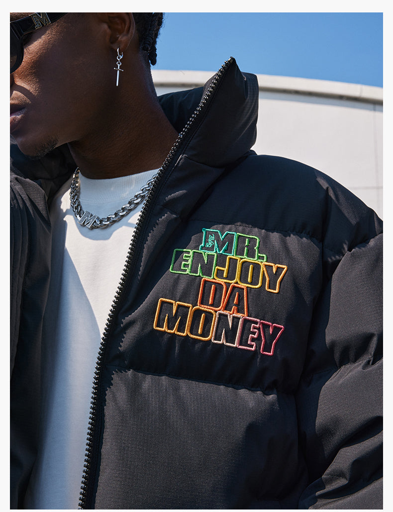 MEDM 3D Embroidered Rainbow Letters Down Jacket | Face 3 Face