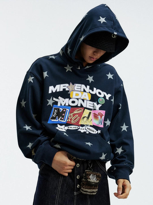 MEDM All Over Star and Graphic Logo Print Hoodie | Face 3 Face