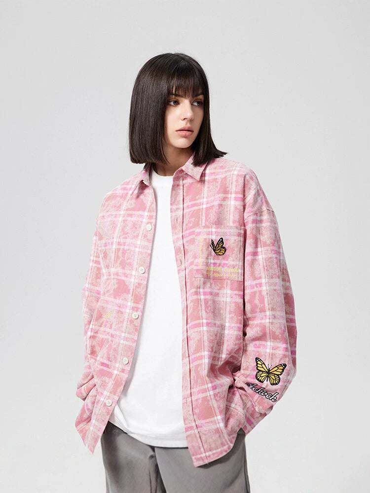 Achock Washed Plaid Butterfly Embroidery Long Sleeved Shirt | Face 3 Face